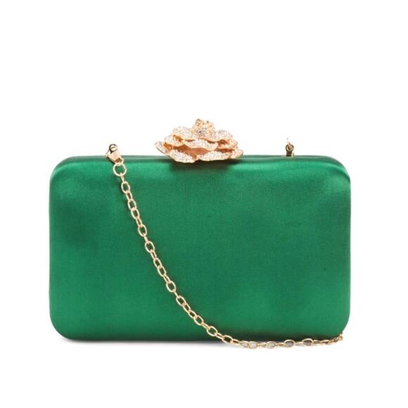 Natasha Crystal Green Satin Evening Clutch Gold Rhinestone Floral Detail New - Picture 2 of 16